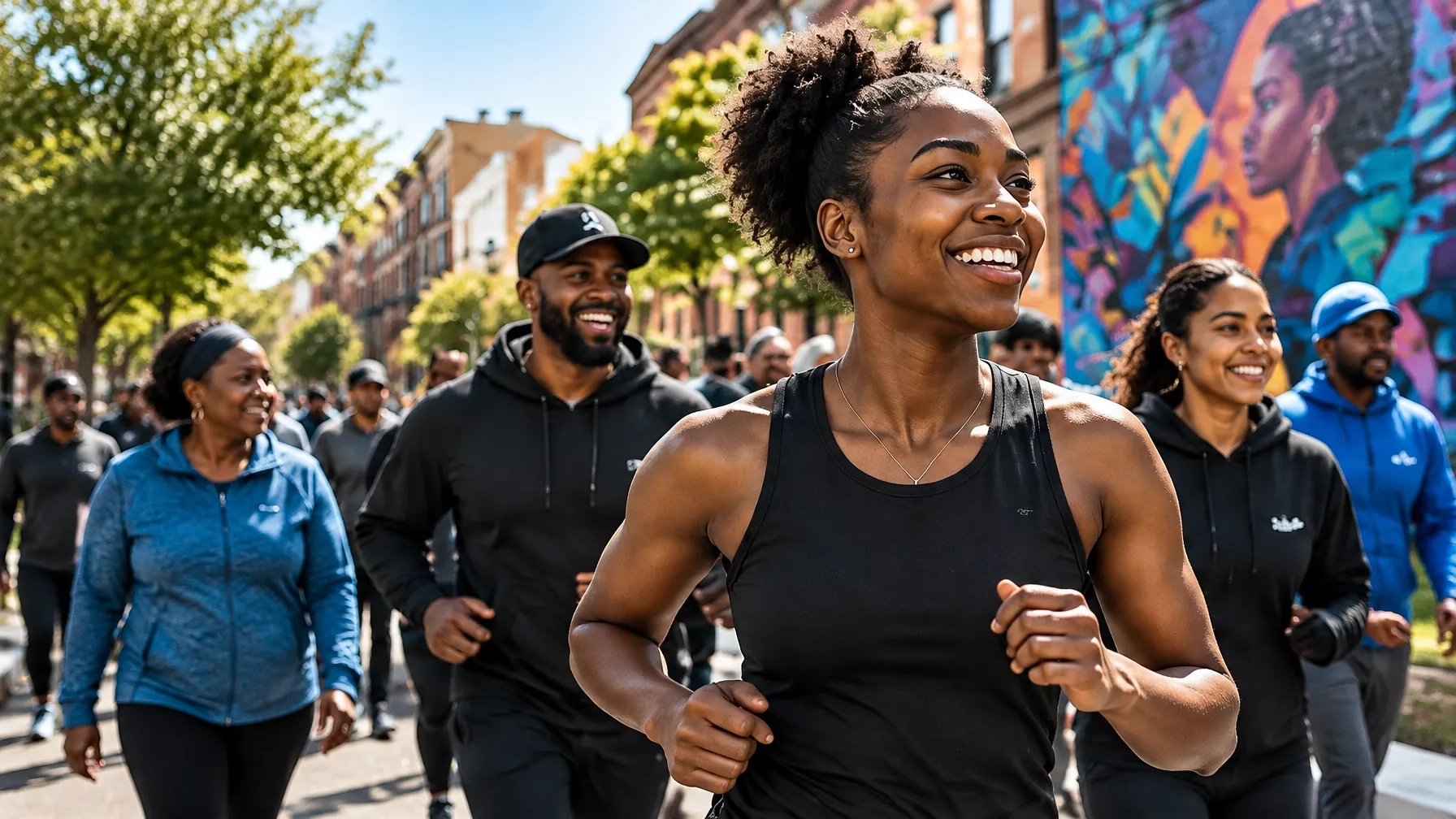 Community members moving together along a neighborhood street